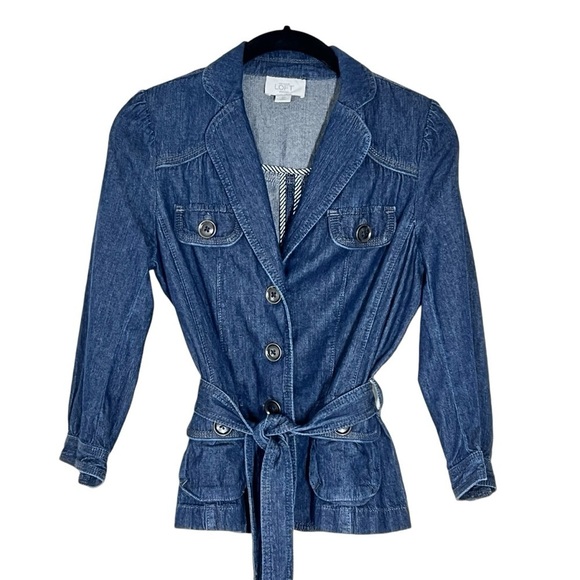 ANN TAYLOR LOFT Dark Denim Jacket Button-up 3/4 Sleeves with Belt Tie Women's SP - Picture 13 of 16